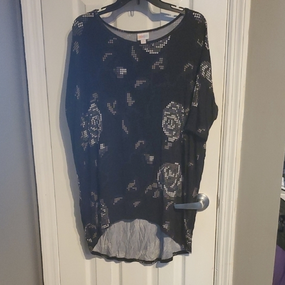 LuLaRoe Irma Black and Gray Rose Polka Dot Top